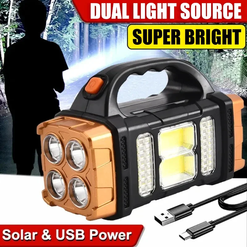 Renewable Energy Source - ポータブルで強力なUSB充電式懐中電灯,穂軸付きソーラーLEDライト,作業灯,4ギア充電,携帯電話,キャンプ用