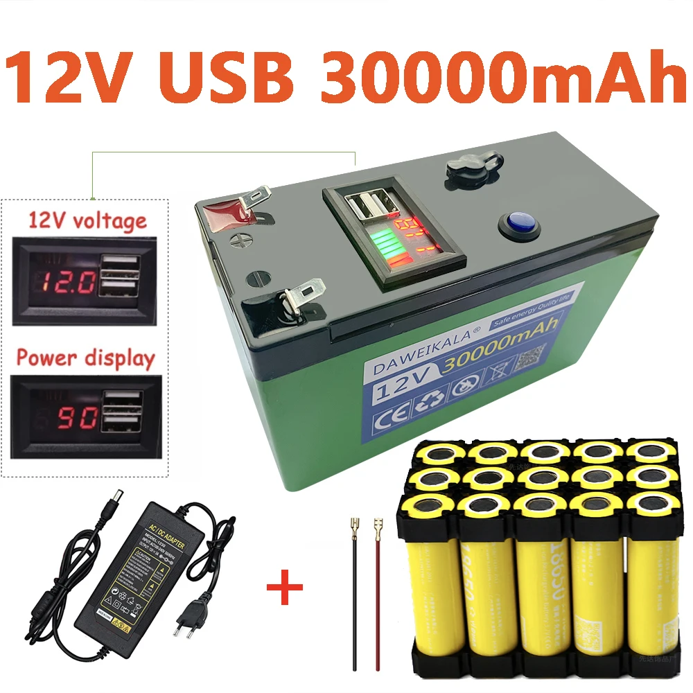 Renewable Energy Source - 充電式リチウム電池,12V, 30Ah, 18650,ソーラーLEDライト,キャンプ用品,充電器12.6V
