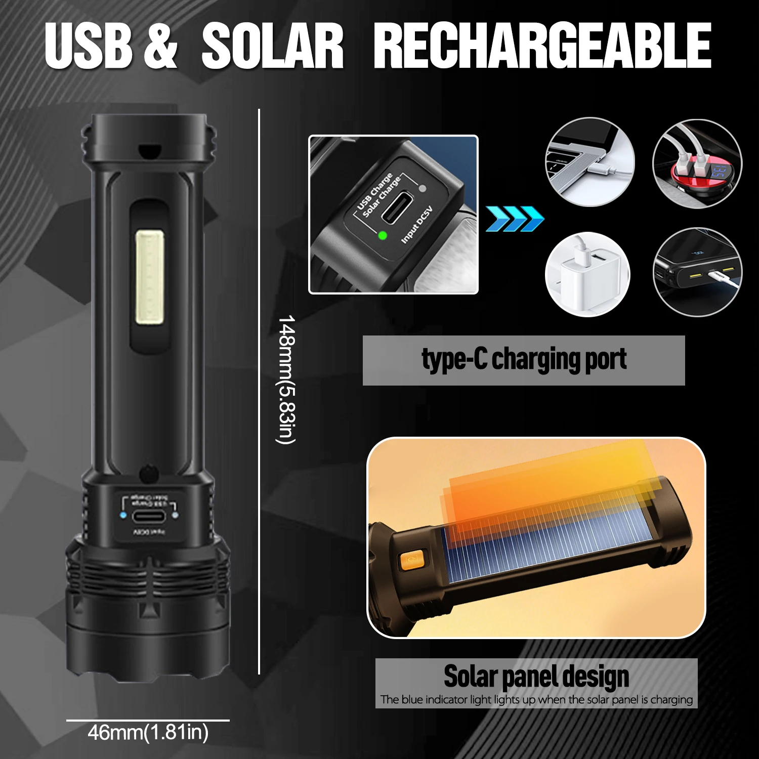 ソーラーパワー懐中電灯超高輝度ポータブルUSB充電式トーチサ - Renewable Energy Source のレビューと価格