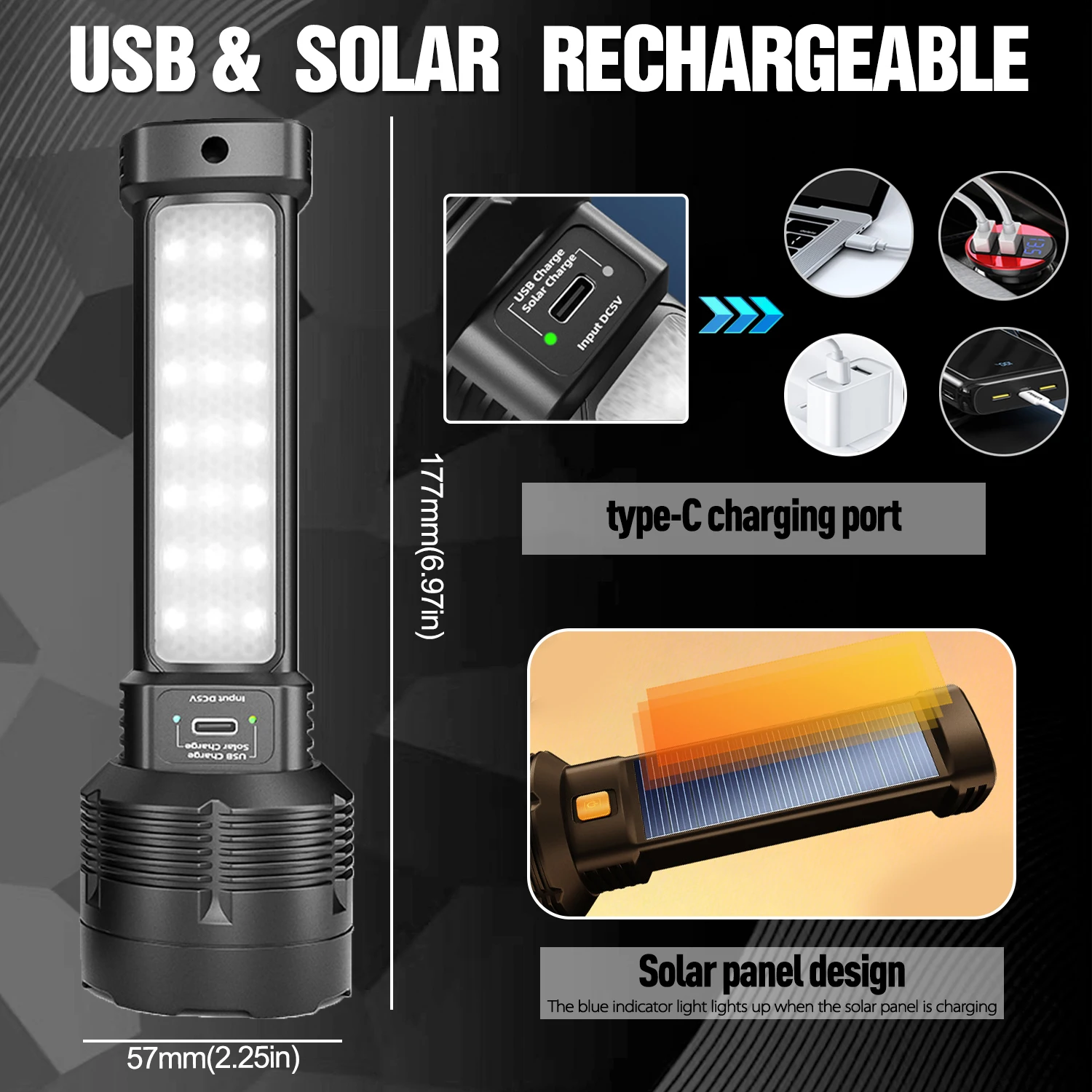 ソーラーパワー懐中電灯超高輝度ポータブルUSB充電式トーチサ - Renewable Energy Source のレビューと価格